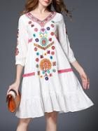 Shein White V Neck Flowers Embroidered Shift Dress