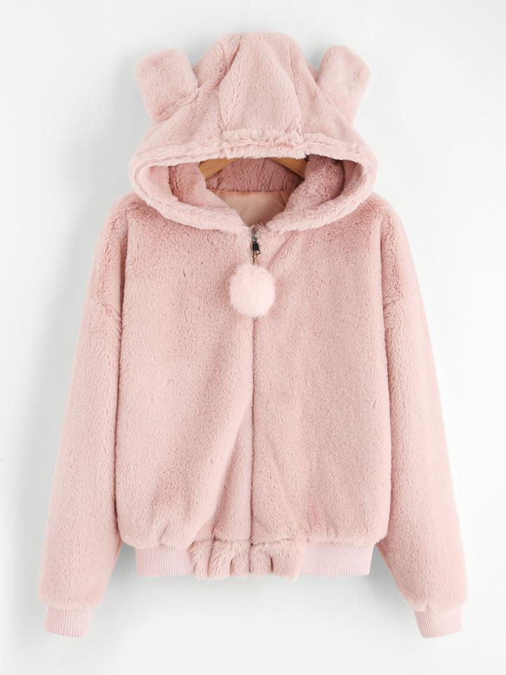 Shein Faux Fleece Pom Pom Ear Detail Hoodie Jacket