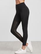 Shein Black Wide Waistband Striped Mesh Insert Leggings