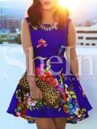 Shein Blue Sleeveless Backless Floral Flare Dress