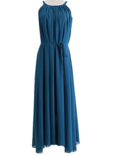 Shein Peacock Blue Tie-waist Chiffon Spaghetti Strap Maxi Dress