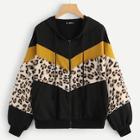 Shein Contrast Leopard Faux Fur Zip Up Hoodie