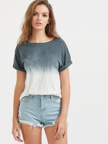 Shein Ombre Drop Shoulder Roll Cuff Tee
