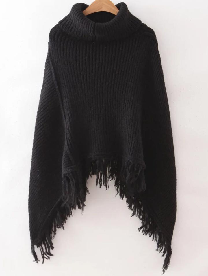 Shein Black Turtleneck Fringe Poncho Sweater