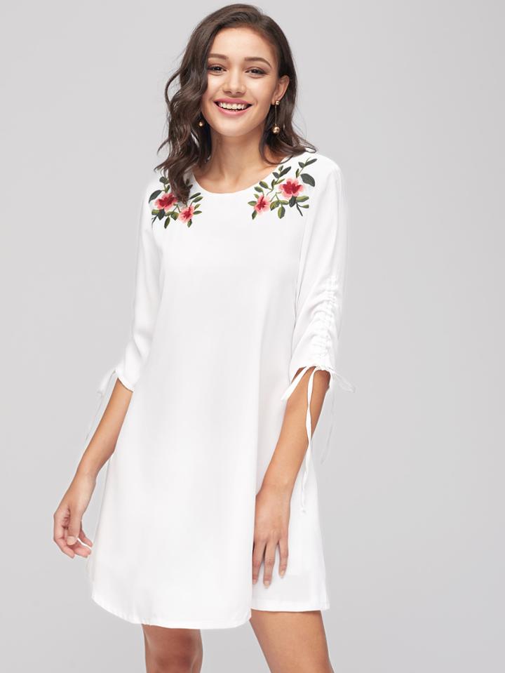 Shein 3/4 Sleeve Flower Embroidery Shift Dress