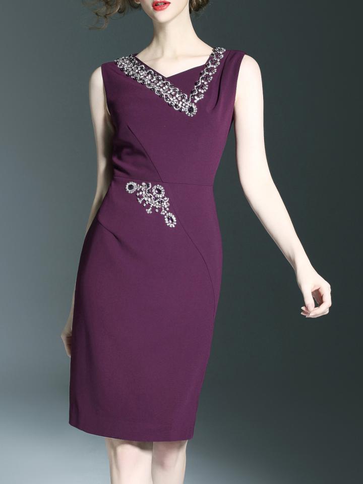 Shein Purple V Neck Beading Sheath Dress