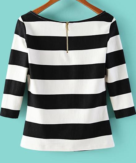 Shein Black White Striped Scoop Neck T-shirt