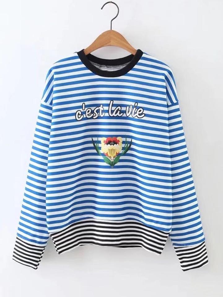 Shein Floral Print Spliced Striped Top