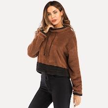 Shein Contrast Hem Drawstring Funnel Neck Teddy Sweatshirt