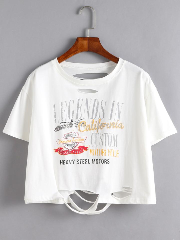 Shein White Letter Print Distressed T-shirt