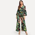 Shein Leaf Print Tie Waist Top & Wide Leg Pants