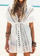 Rosewe Lace Splicing White Short Sleeve Shift Dress