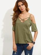 Shein Army Green Crisscross Cold Shoulder T-shirt