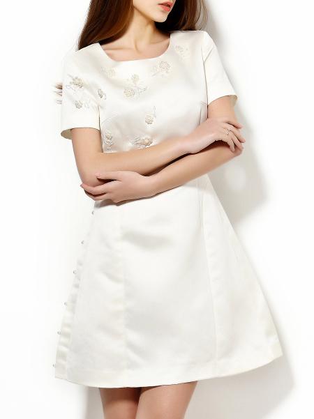 Shein White Crew Neck Beading A-line Dress
