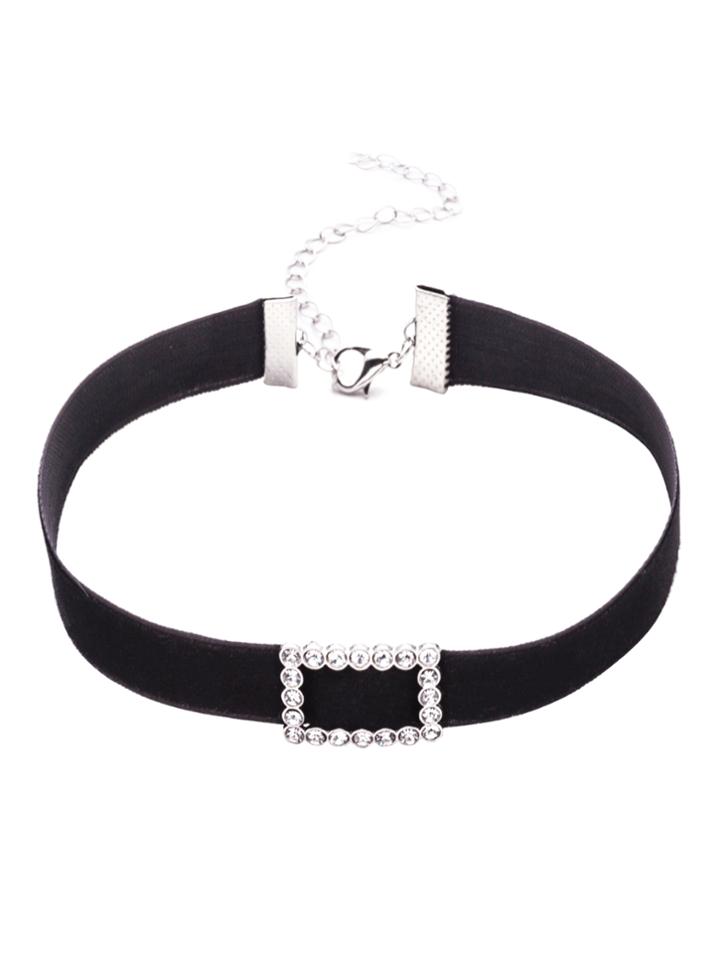 Shein Black Velvet Rectangle Rhinestone Choker Necklace