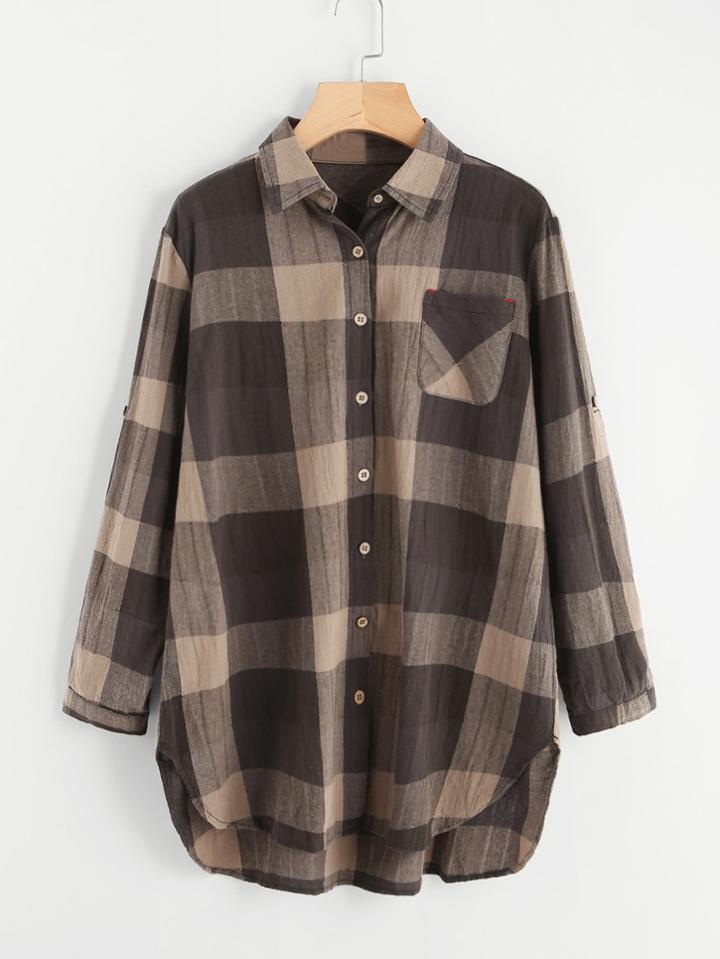 Shein Dolphin Hem Longline Plaid Blouse