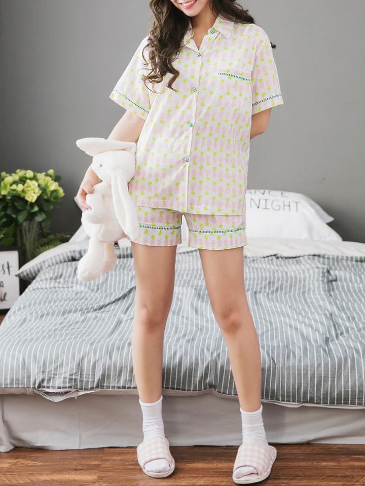 Shein Contrast Trim Pineapple Print Shirt & Shorts Pj Set