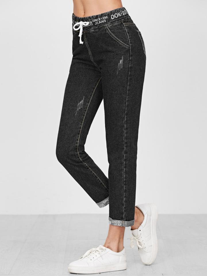 Shein Drawstring Waist Tape Detail Cuffed Jeans