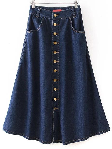 Shein Single Breasted Denim A-line Navy Skirt