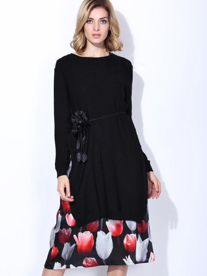 Shein Black Long Sleeve Knit Tie-waist Two-piece Dress