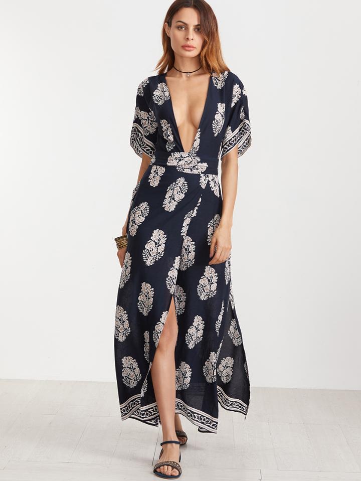 Shein Printed Plunge Neck Open Back Kimono Wrap Dress