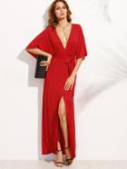 Shein Red V Neck Tie Waist Split Maxi Dress