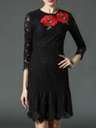 Shein Black Embroidered Drop Waist Eyelash Lace Dress