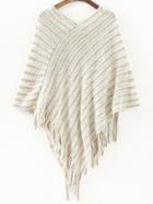 Shein White V Neck Striped Patterned Tassel Cape