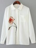 Shein White Lapel Long Sleeve Rose Print Blouse