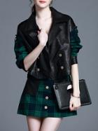 Shein Green Lapel Pu Top With Plaid Skirt