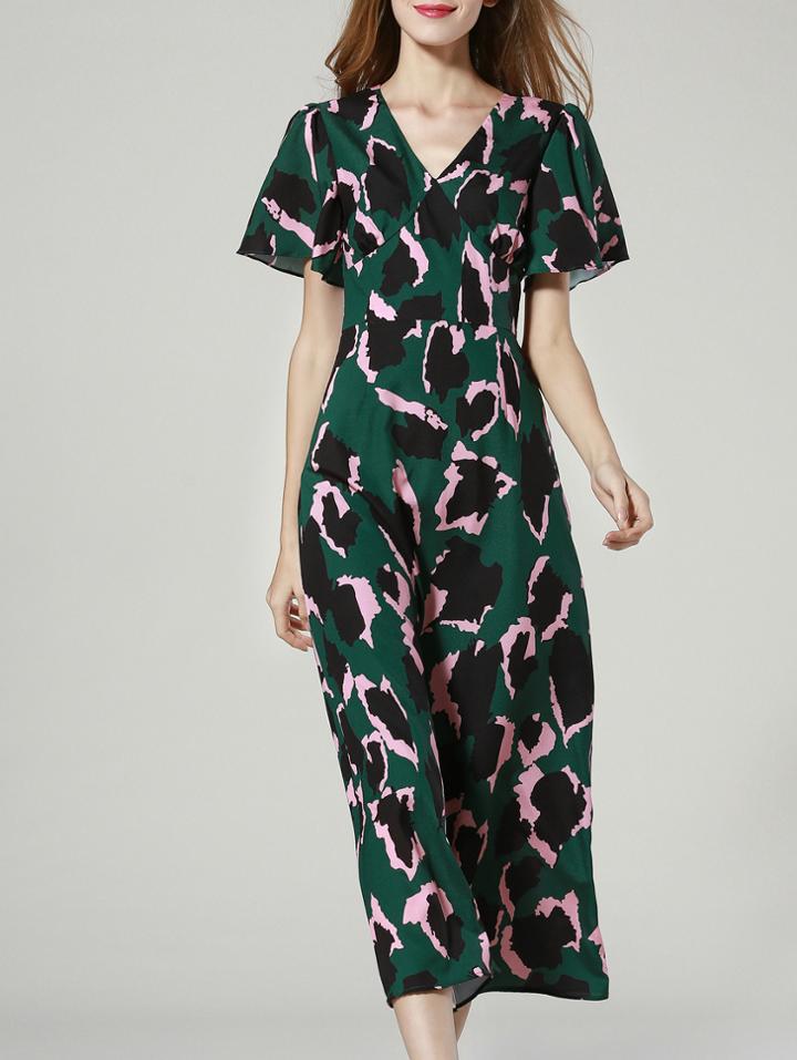 Shein Green V Neck Short Sleeve Floral Print Dress