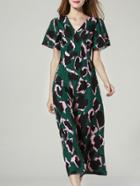 Shein Green V Neck Short Sleeve Floral Print Dress