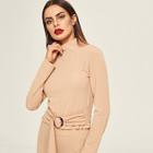 Shein Buckle Belt Hem High Neck Ribbed Top