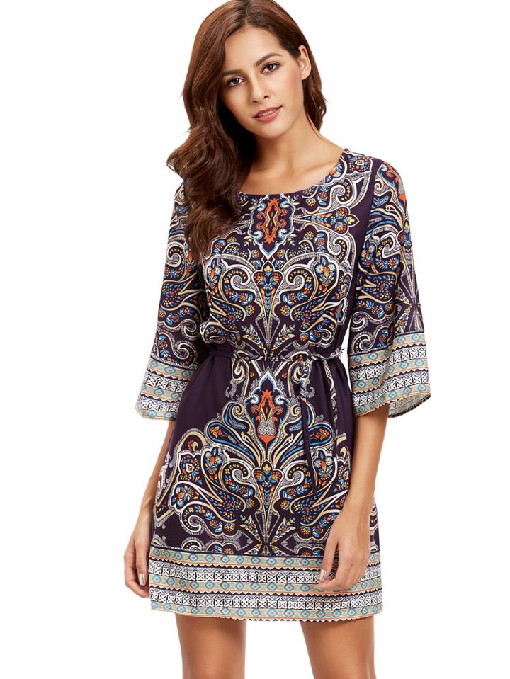 Shein Tribal Print Self-tie Dress