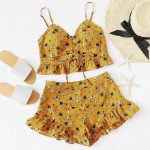 Shein Ruffle Trim Lace Up Front Crop Cami And Shorts Set
