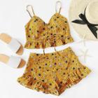 Shein Ruffle Trim Lace Up Front Crop Cami And Shorts Set
