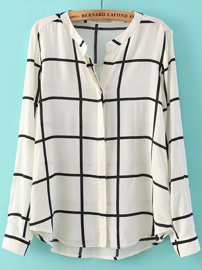 Shein White Long Sleeve Checks Plaid Loose Blouse