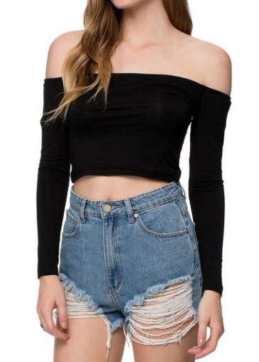 Rosewe Off The Shoulder Black Long Sleeve T Shirt