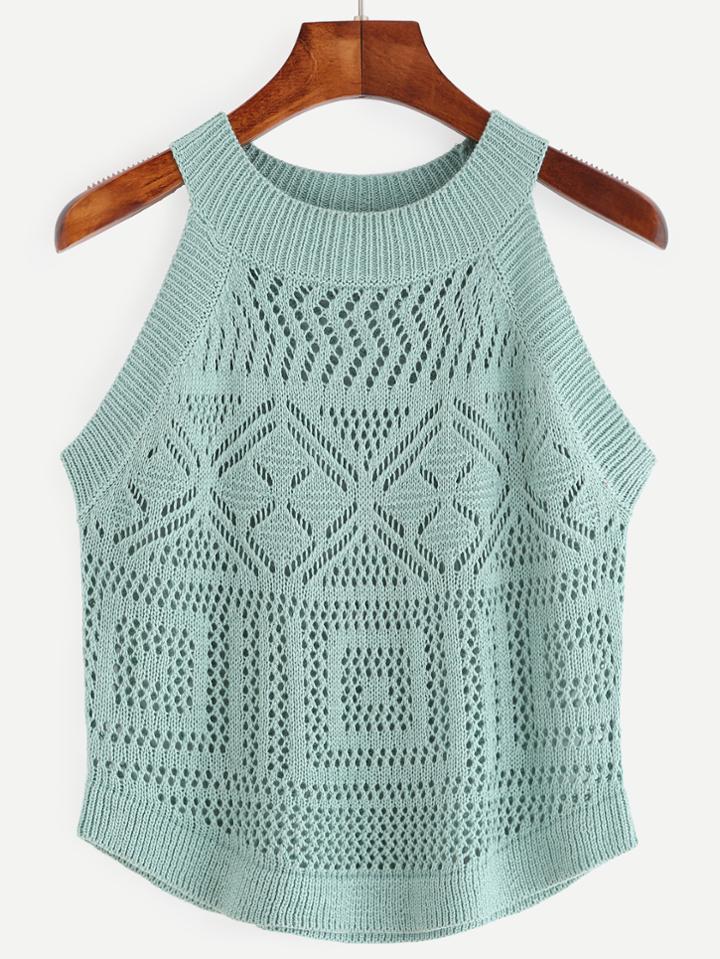 Shein Green Hollow Out Knit Halter Neck Top