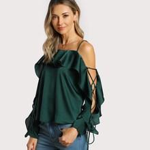 Shein Lace Up Sleeve Flounce Trim Satin Top