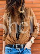 Shein Camel Lapel Pockets Blouse