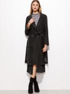 Shein Black Slit Side Contrast Mesh Coat With Belt