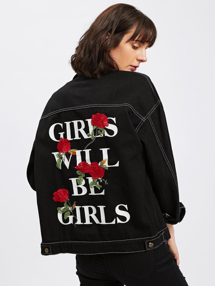 Shein Rose Patch Slogan Print Topstitch Denim Jacket