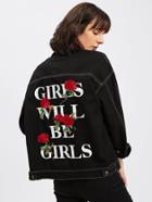 Shein Rose Patch Slogan Print Topstitch Denim Jacket