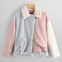 Shein Belted Hem Color Block Faux Fur Jacket