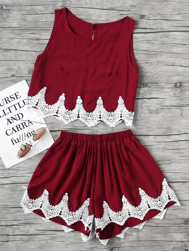 Shein Chevron Lace Hem Split Back Tank Top With Shorts