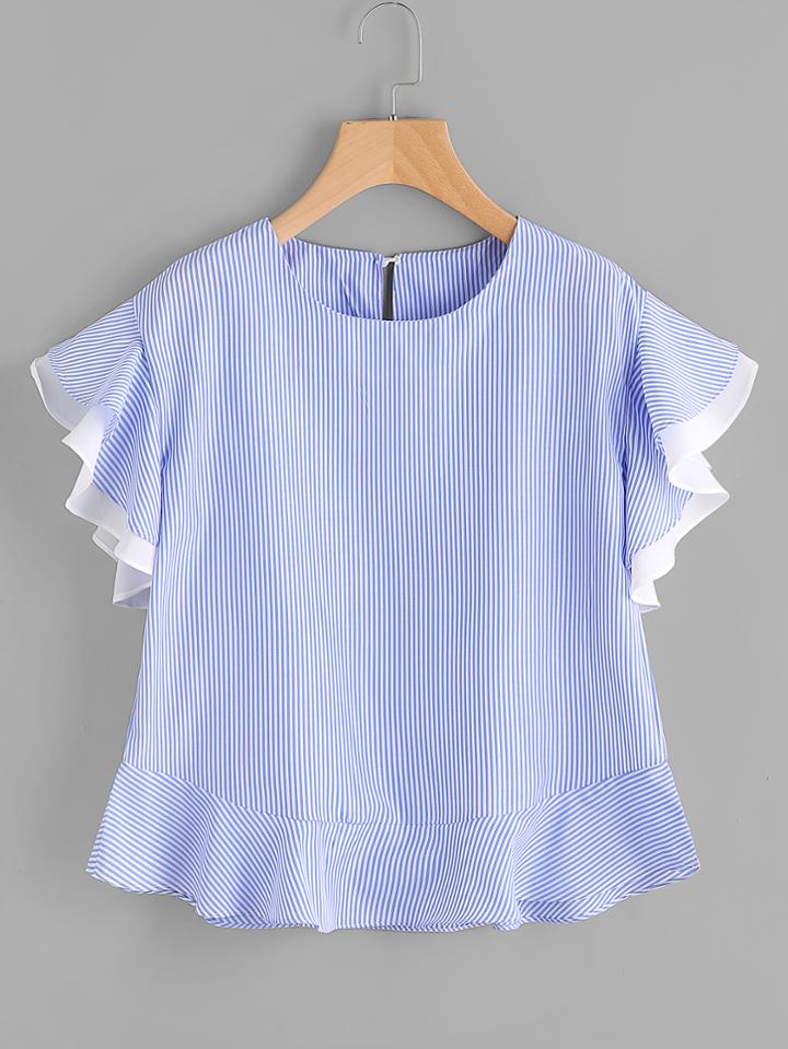 Shein Pinstripe Frill Sleeve Keyhole Back Top