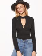 Shein Black Ribbed Knit Keyhole Front Slim Fit T-shirt