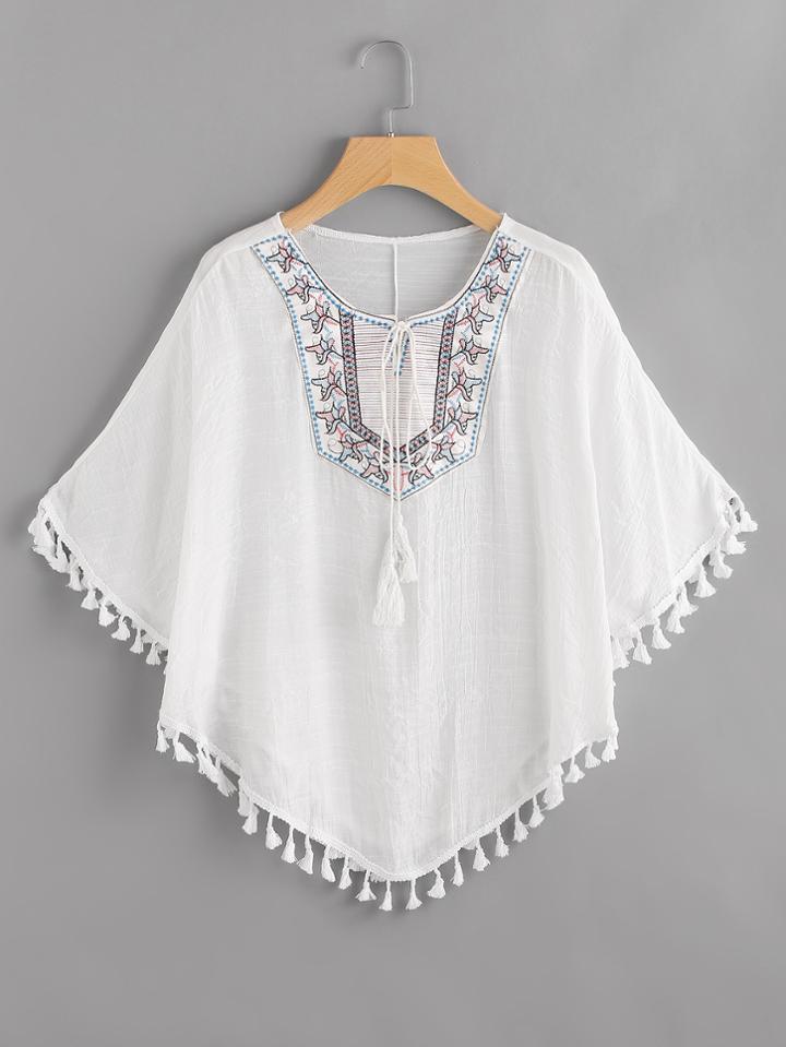 Shein Embroidered Tie Neck Tassel Hem Cape Top