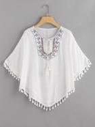 Shein Embroidered Tie Neck Tassel Hem Cape Top